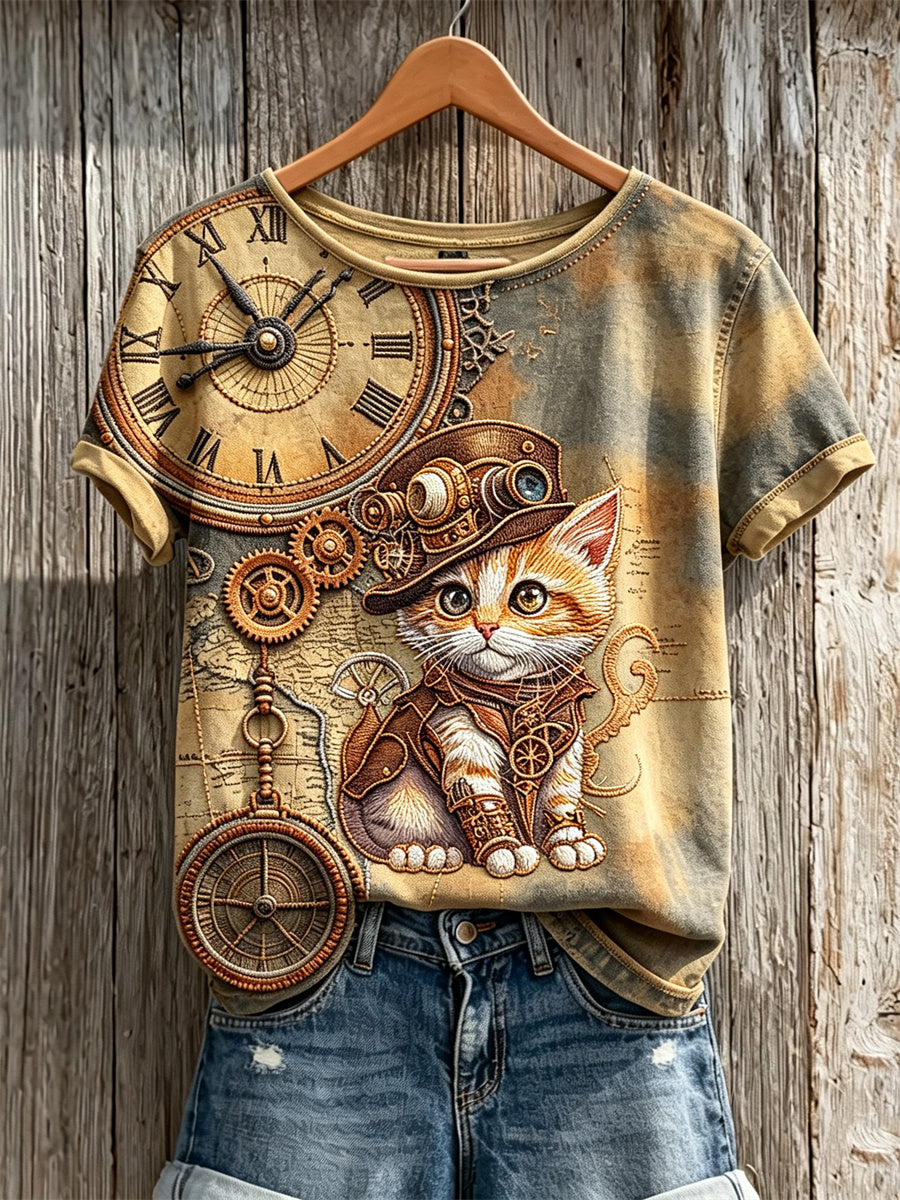 Women's Vintage Steampunk Cat Art Print short-sleeved T-shirt