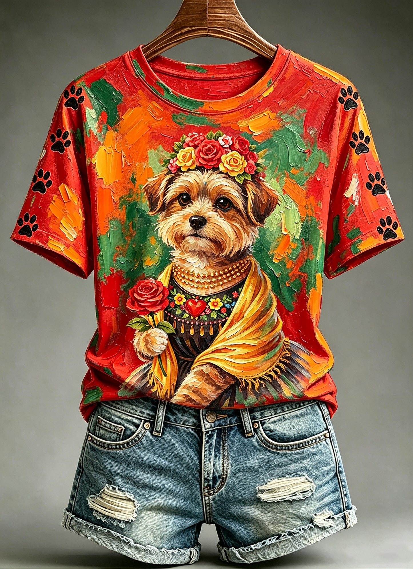 Women's Oil Painting Animals Dog Printed Vintage Fashion Loose Short Sleeve T-Shirt