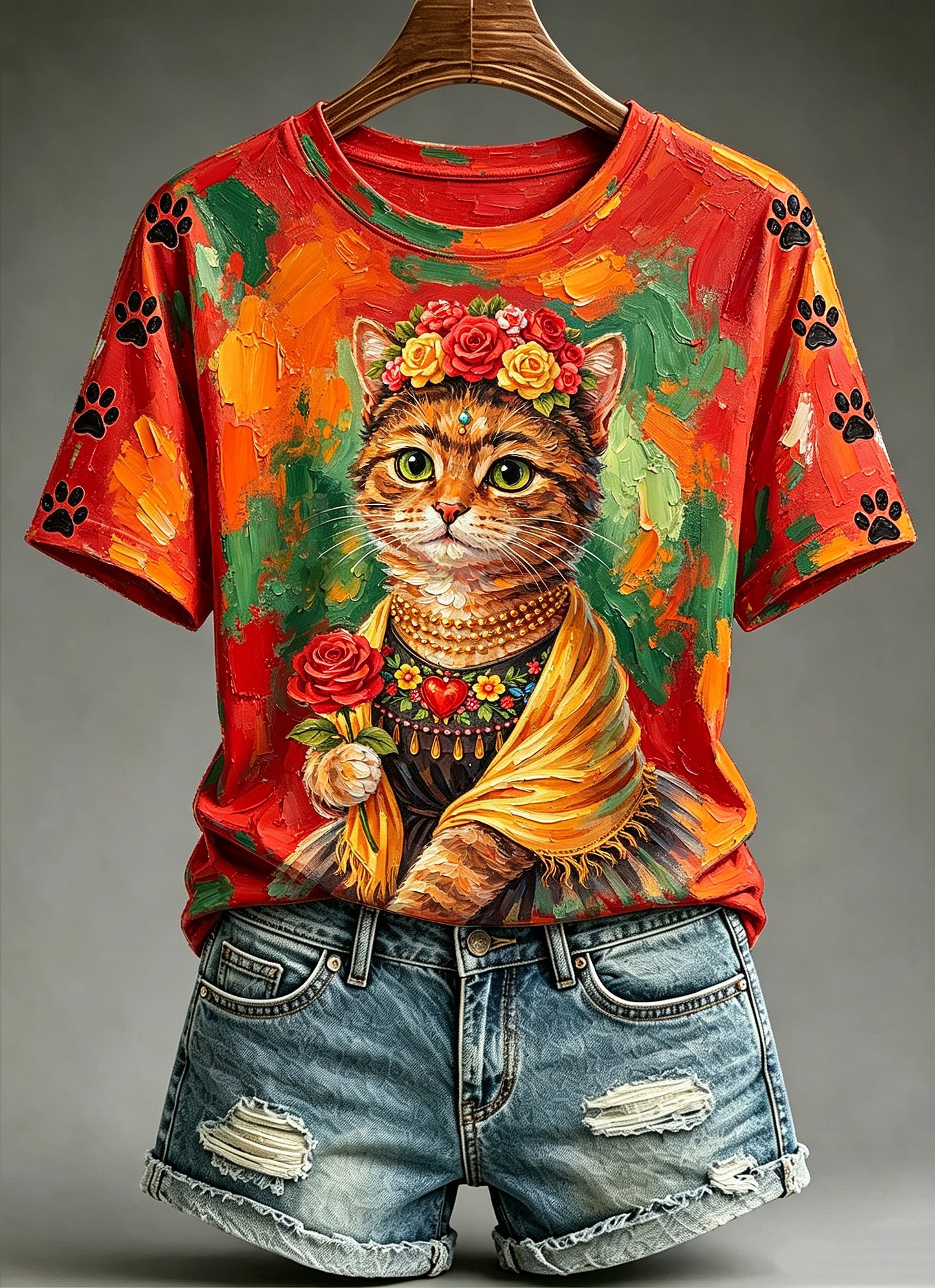 Women's Oil Painting Animals Cat Printed Vintage Fashion Loose Short Sleeve T-Shirt