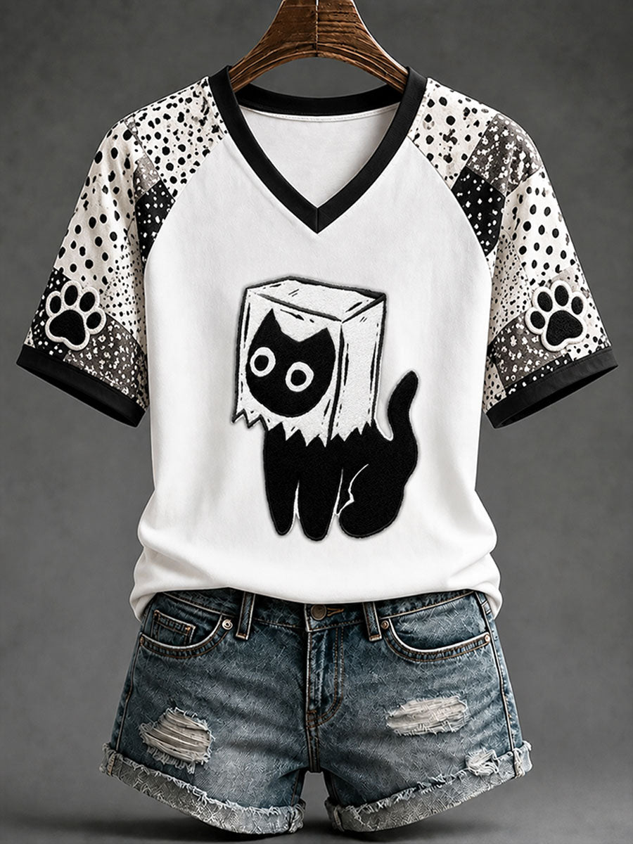 Women's Fun Black Cat Casual Print T-shirt
