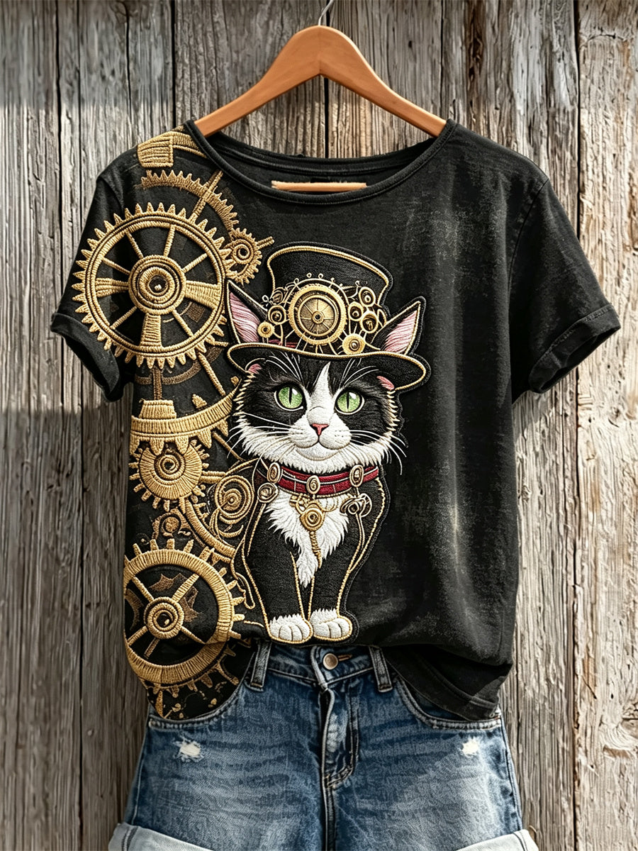 Women's Vintage Steampunk Cat Art Print short-sleeved T-shirt