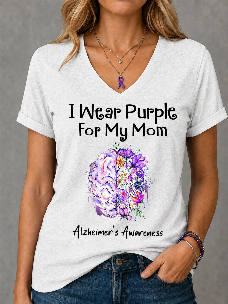 Women's I Wear Purple For My Mom Floral Print Alzheimer's Awareness Support V-Neck Tee