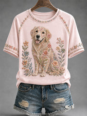 Women's Floral Dog Print Casual Tee