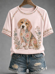 Women's Floral Dog Print Casual Tee