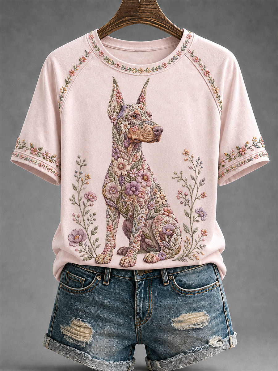 Women's Floral Dog Print Casual Tee