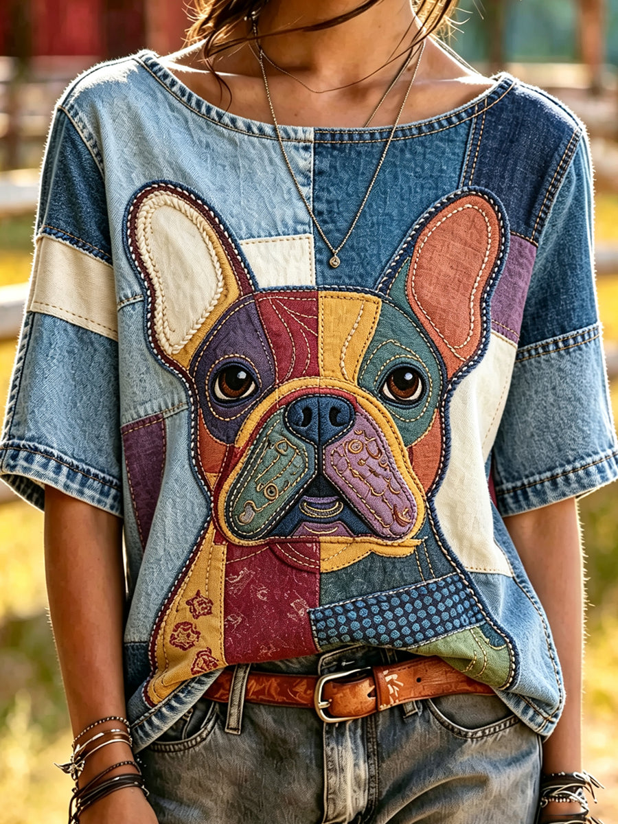 Women's Splice Animal Dog Printed Vintage Fashion Loose Short Sleeve T-Shirt