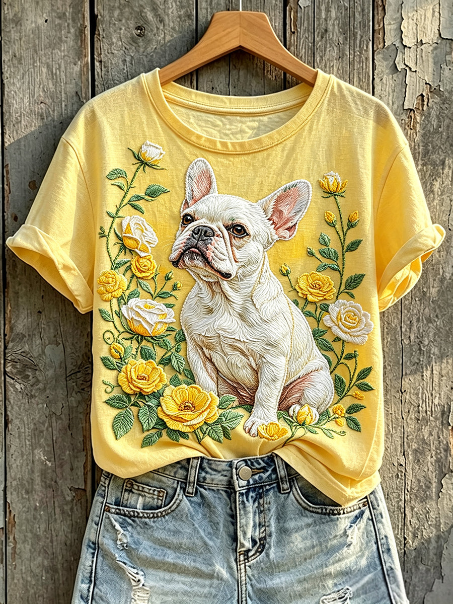 Women's Floral French Bulldog Art Print Short-sleeved T-shirt