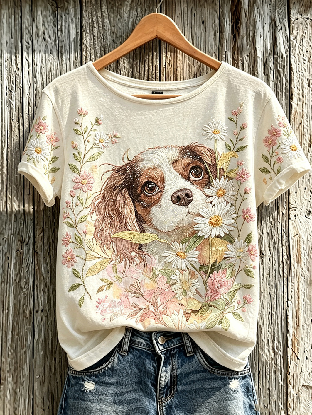 Women's cute dog and plant flower pattern printed casual short-sleeve T-shirt