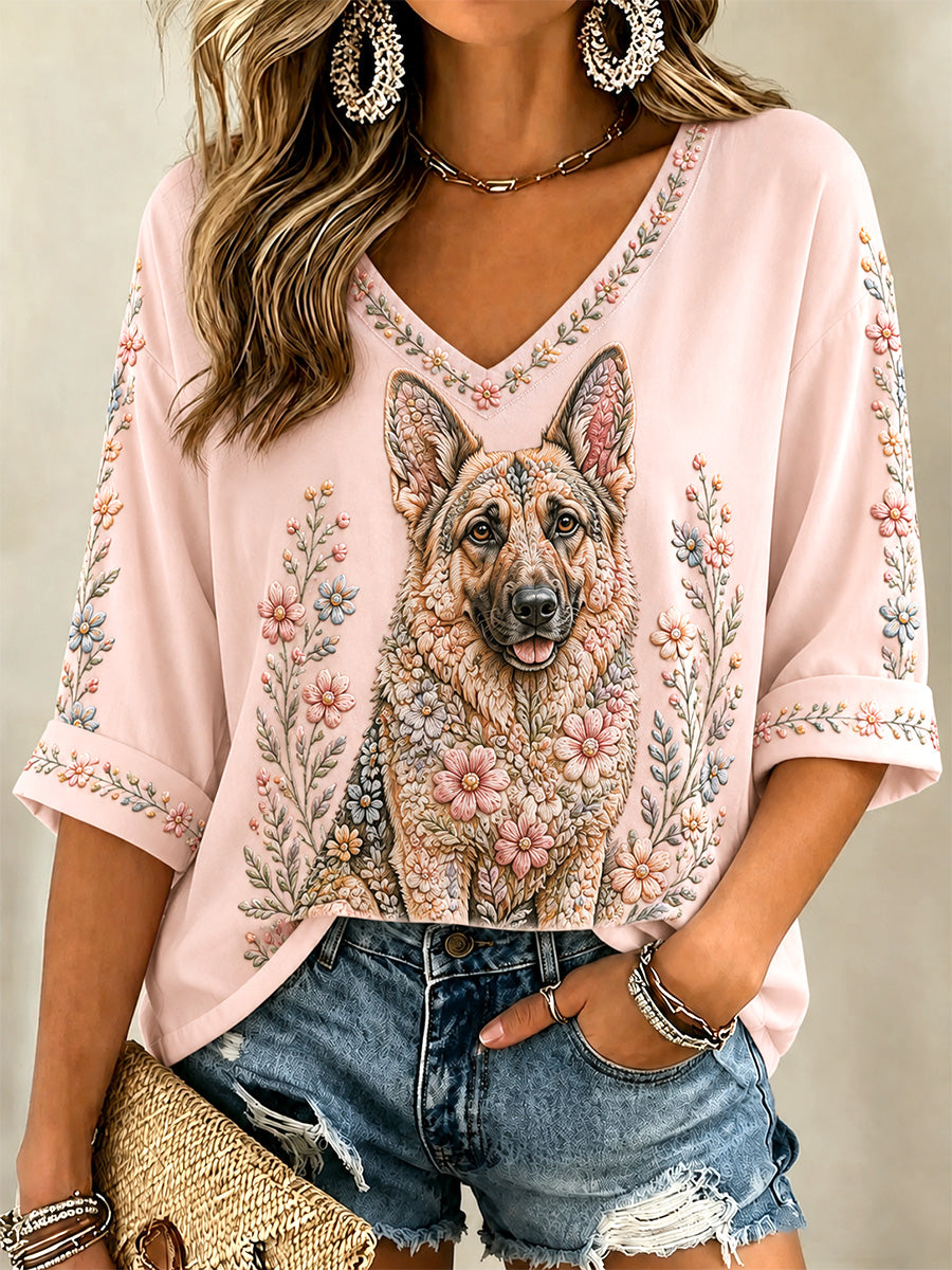 Women's Floral Dog Print Casual V-Neck Tee