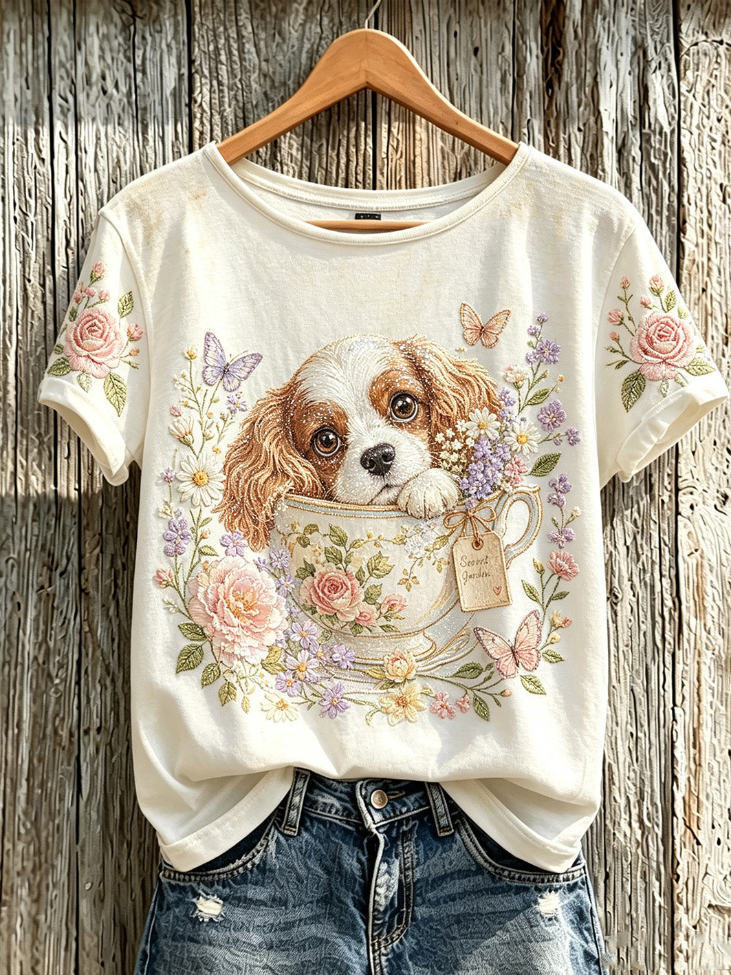 Women's cute dog and plant flower pattern printed casual short-sleeve T-shirt