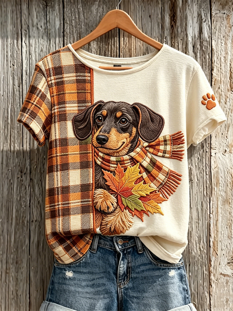 Women's Peeking Dachshund Dog with Maple Leaves Fall Plaid Contrast Print short-sleeved T-shirt
