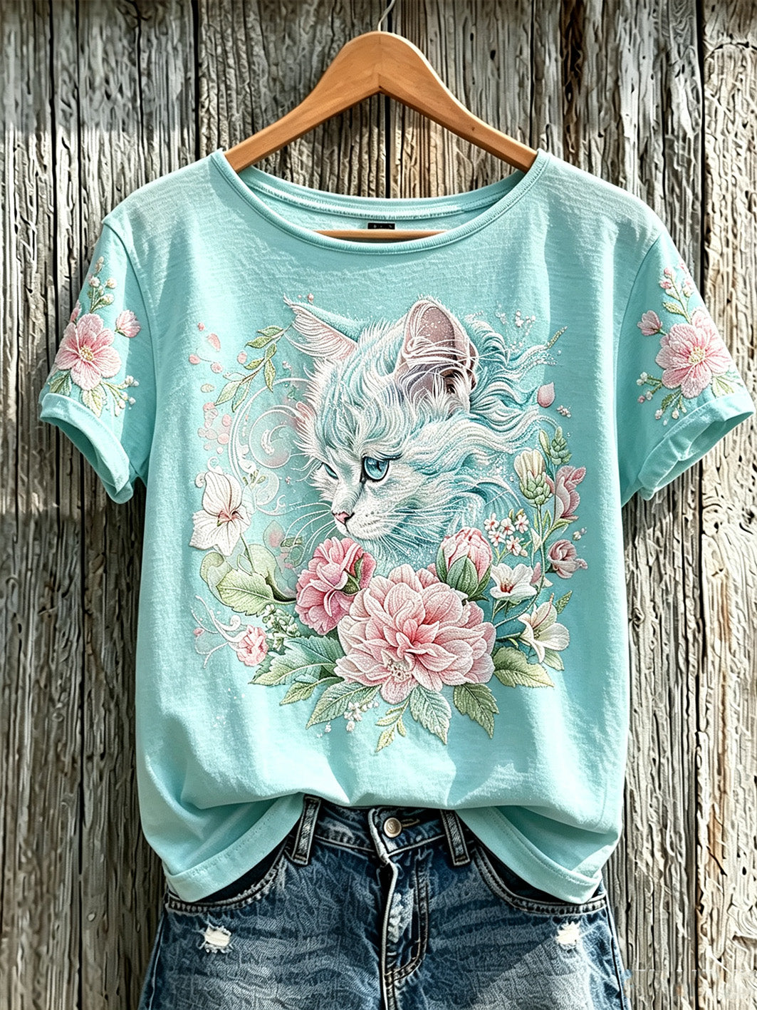 Women's cute cat and plant flower pattern printed casual short-sleeve T-shirt