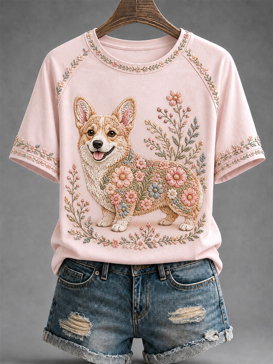 Women's Floral Dog Print Casual Tee