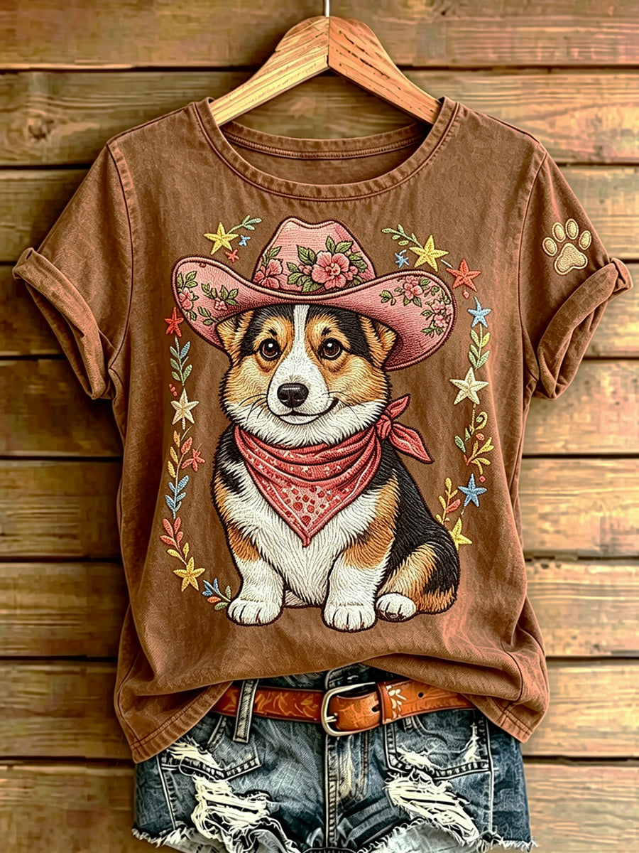 Women's Funny Cowboy Dog Printed Vintage Fashion Loose Short Sleeve T-Shirt