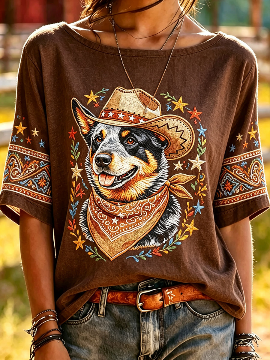 Women's Funny Cowboy Dog Printed Vintage Fashion Loose Short Sleeve T-Shirt