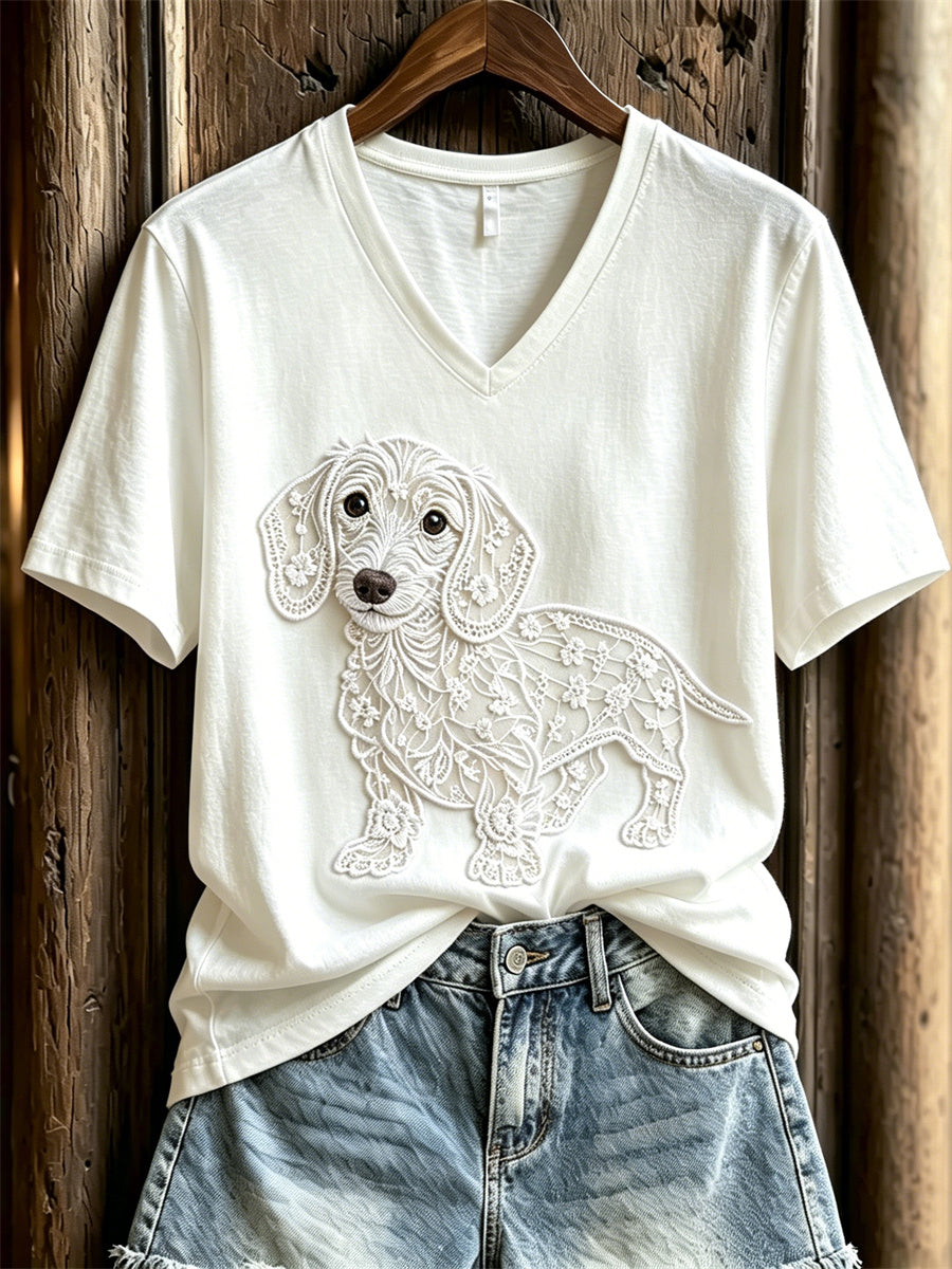 Women's Lovely Dachshund Dog Lace Art Print short-sleeved T-shirt