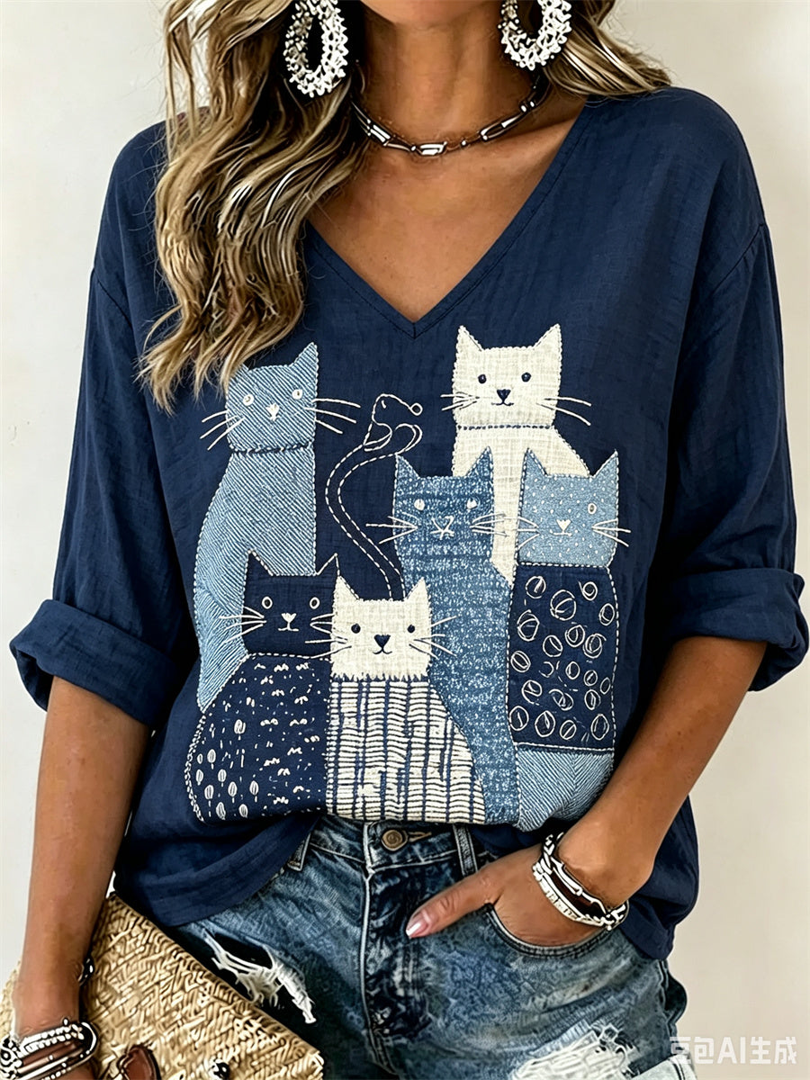 Women's Crowded Cats Japanese Sashiko Art Print linen Mid-sleeved T-shirt