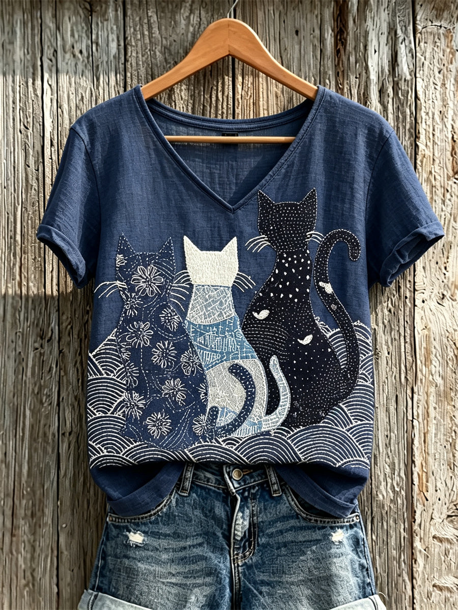 Women's Crowded Cats Japanese Sashiko Art Print linen short-sleeved T-shirt