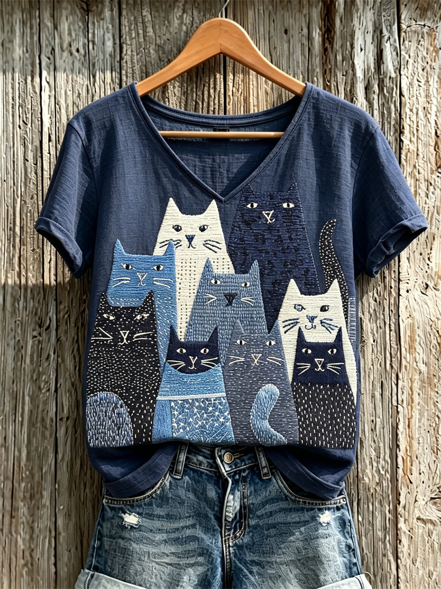 Women's Crowded Cats Japanese Sashiko Art Print linen short-sleeved T-shirt