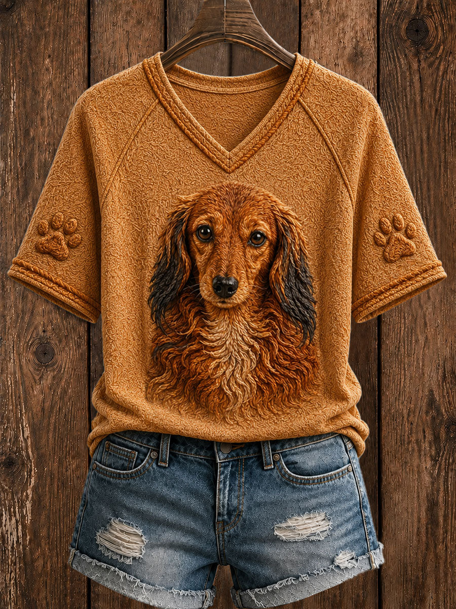 Women's Cute Dachshund Art V-neck Short Sleeve T-shirt