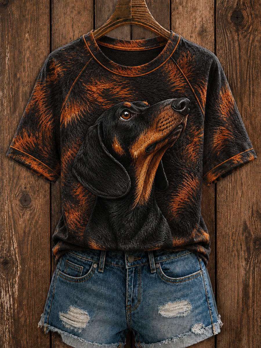 Women's Cute Dachshund Art Round Neck Short Sleeve T-shirt