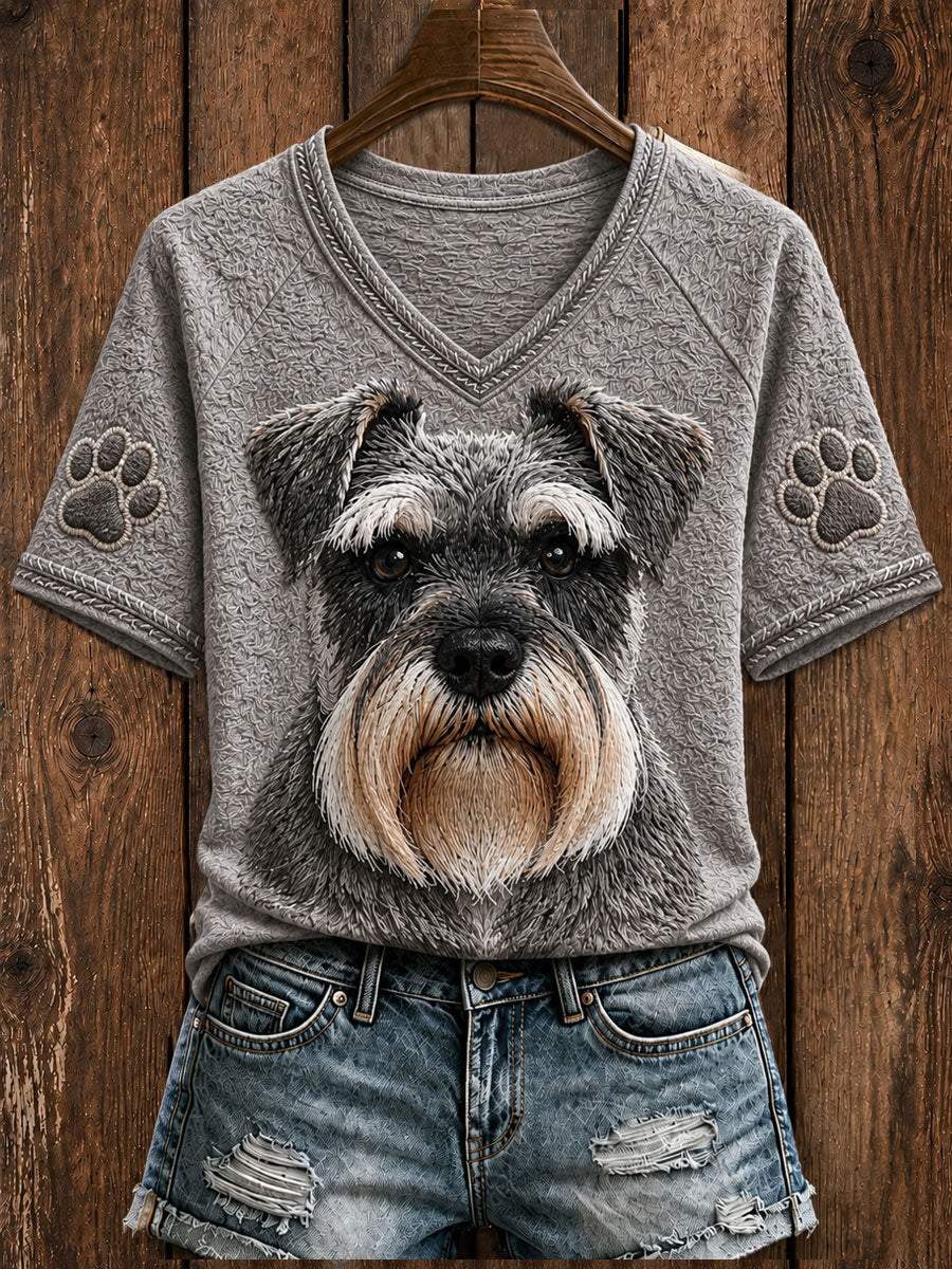 Women's Cute Miniature Schnauzer Art V-neck Short Sleeve T-shirt