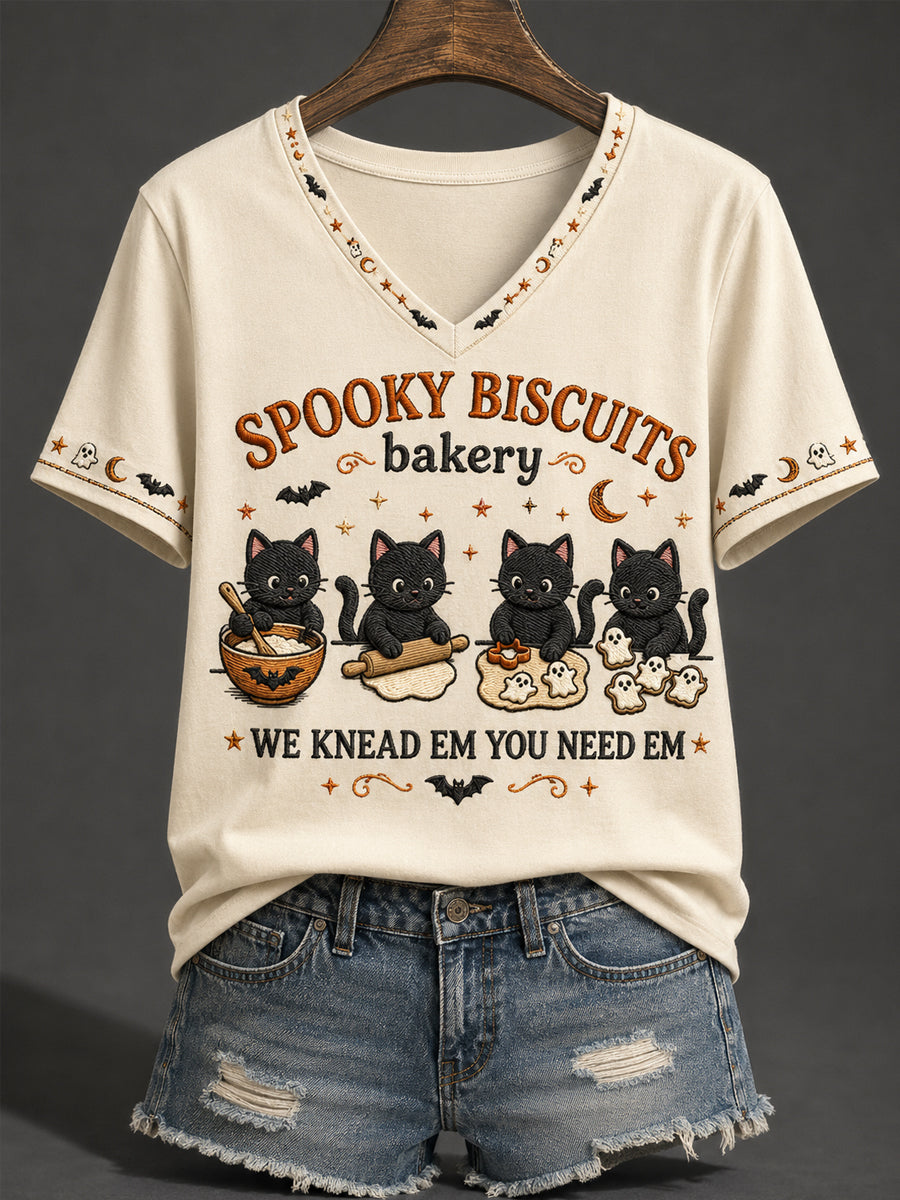 Women's Halloween Black Cat Spooky Biscuits Bakery Pumpkin Print Casual V-Neck Tee