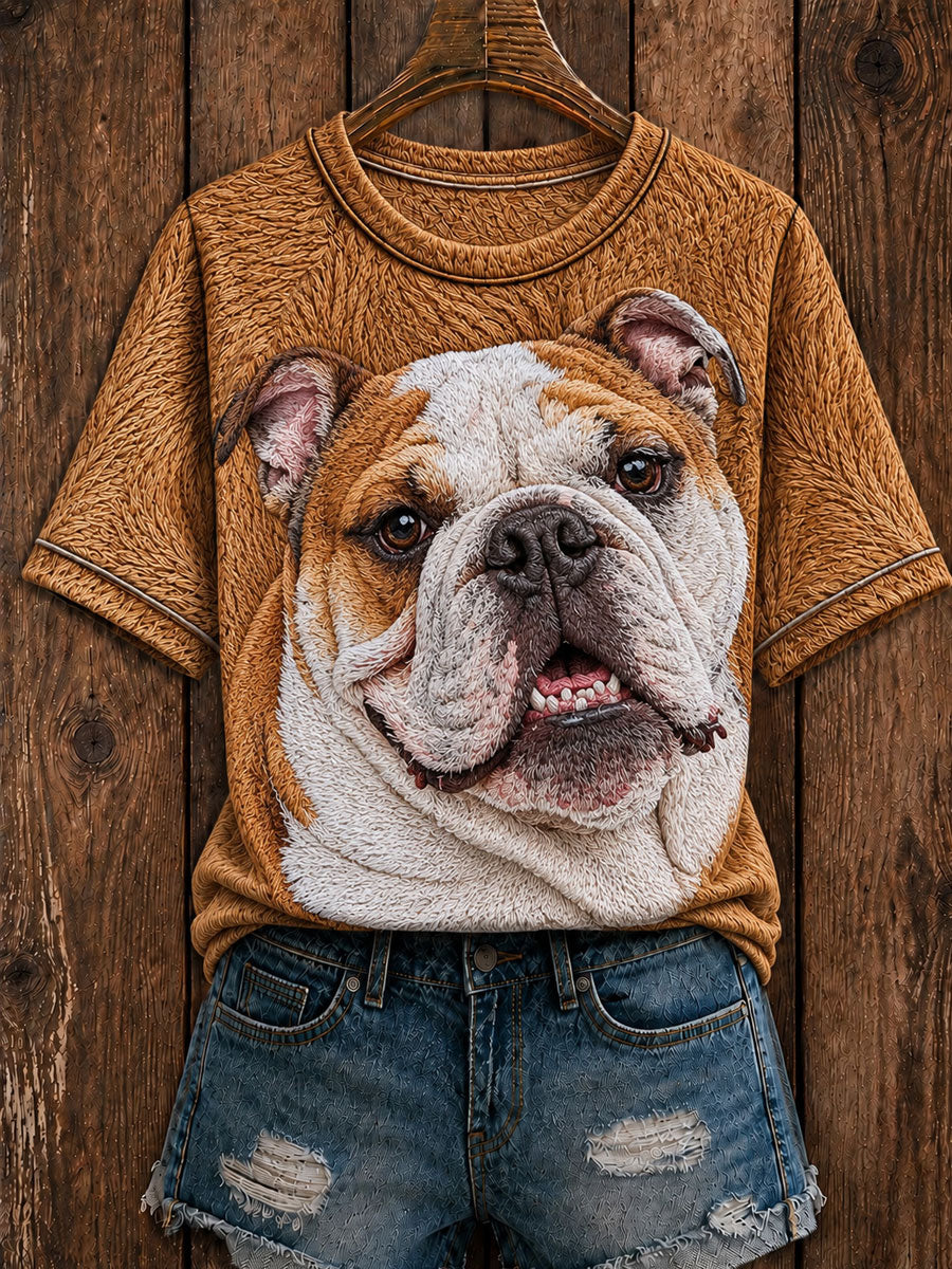 Women's Cute English Bulldog Art Round Neck Short Sleeve T-shirt