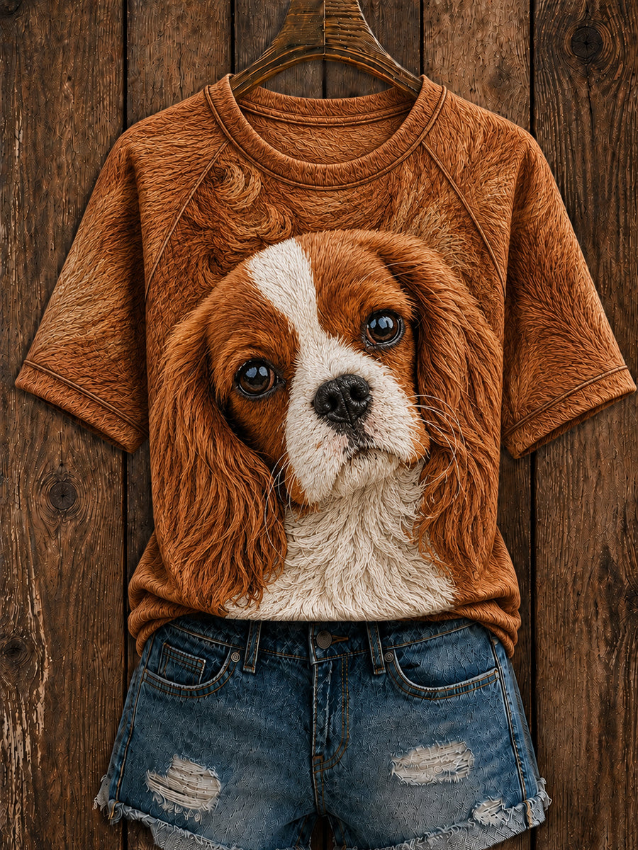 Women's Cute Cavalier King Charles Spaniel Art Round Neck Short Sleeve T-shirt