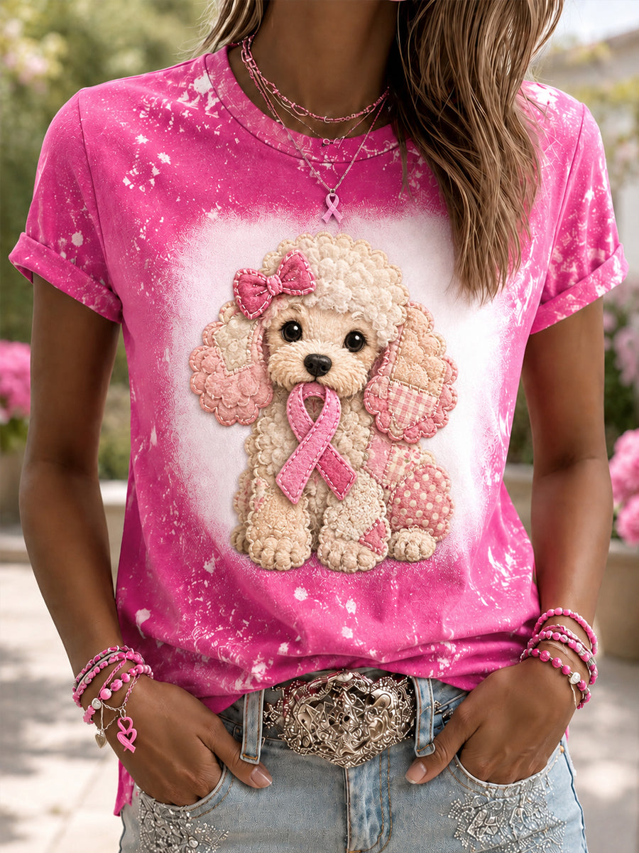 Women's Hope For A Cure Pink Ribbon Dog Print Breast Cancer Awareness Support Tee