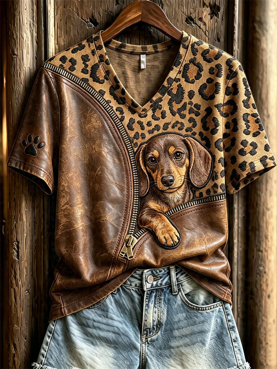 Women's Peeking Dachshund Dog Unzipped Leopard Print short-sleeved T-shirt