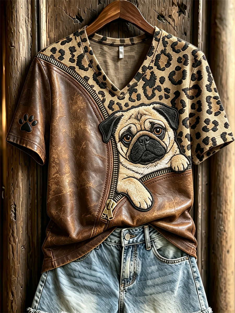 Women's Peeking Pug Dog Unzipped Leopard Print short-sleeved T-shirt