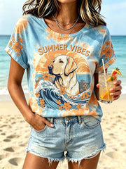 Women's Vacation Style Dog Print Tie-Dye Design Casual Short Sleeve T-Shirt