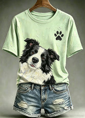Women's Cute Animal Dog Oil Painting Printed Vintage Fashion Loose Short Sleeve T-Shirt