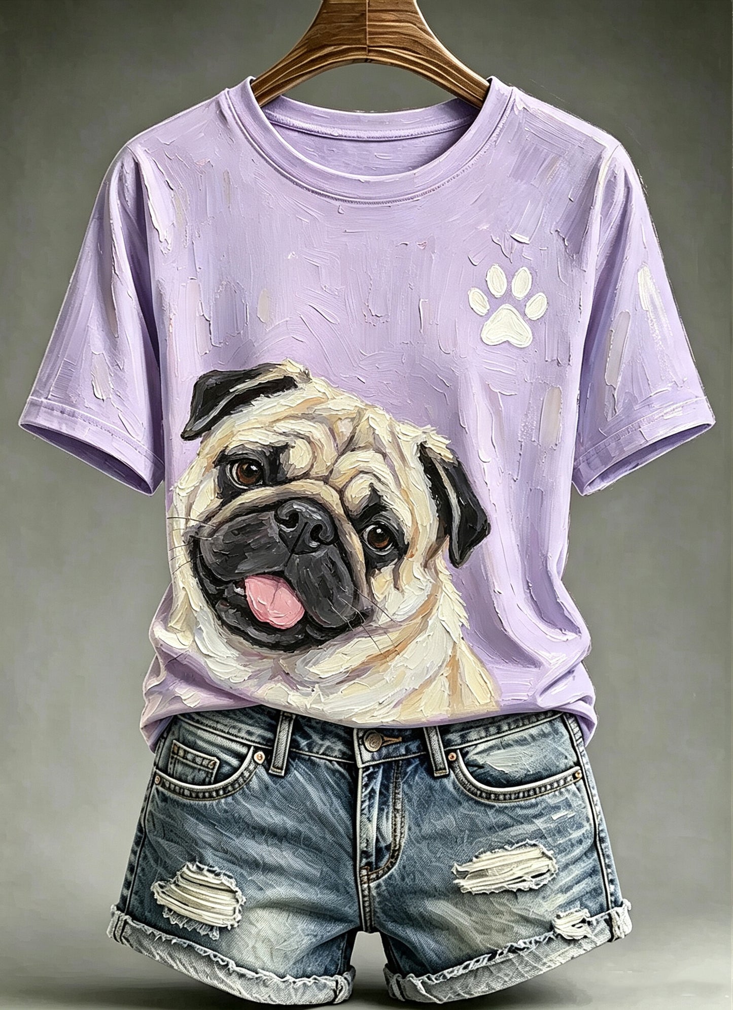 Women's Cute Animal Dog Oil Painting Printed Vintage Fashion Loose Short Sleeve T-Shirt