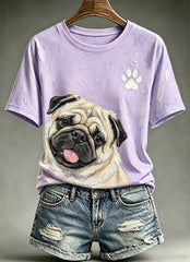 Women's Cute Animal Dog Oil Painting Printed Vintage Fashion Loose Short Sleeve T-Shirt