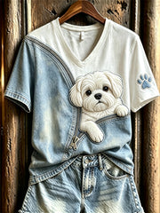 Women's Peeking Maltese Dog Unzipped Denim Print short-sleeved T-shirt
