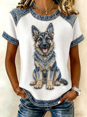 Women's Denim Patchwork Dog Print Waffle Casual Tee