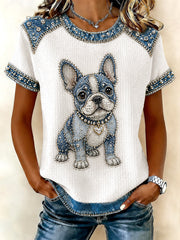 Women's Denim Patchwork Dog Print Waffle Casual Tee
