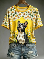 Women's Dog Oil Painting Style Printed Casual T-shirt