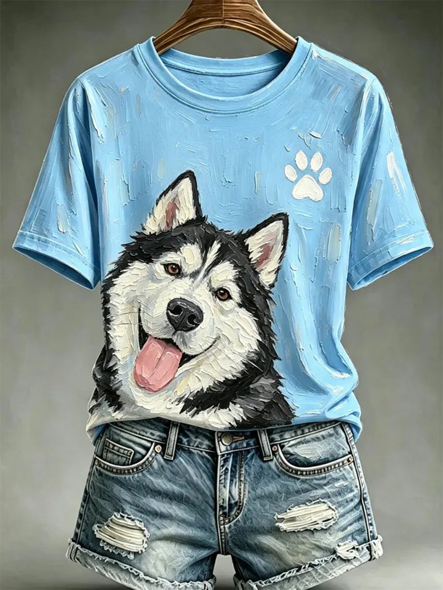 Women's Dog Oil Painting Style Printed Casual T-shirt