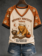 Women's Spooky Bakery Print V-neck T-shirt