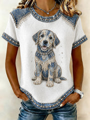 Women's Denim Patchwork Dog Print Waffle Casual Tee