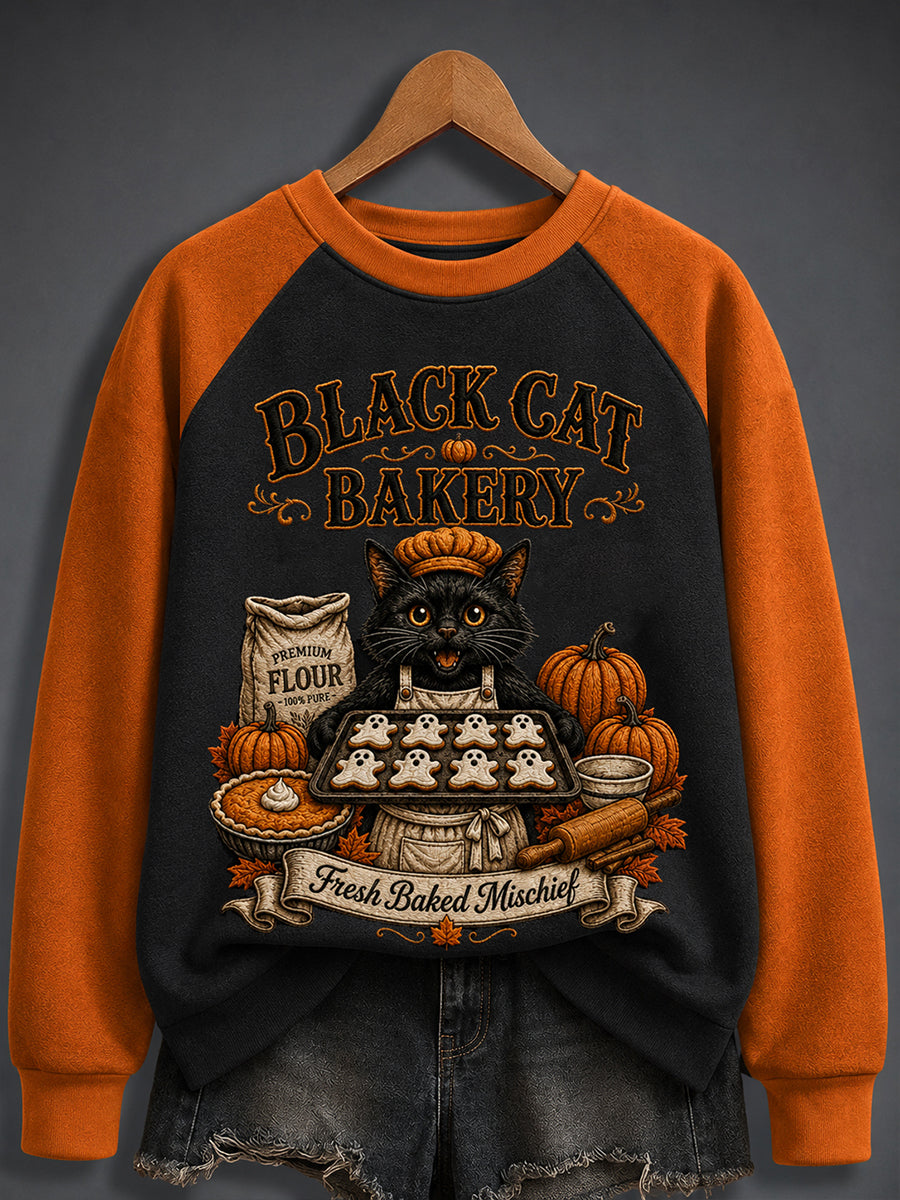 Women's Spooky Black Cat Bakery Print Sweatshirt