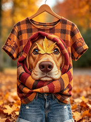 Women's Fall Cozy Dog in Plaid Blanket Paw & Maple Leaf Print short-sleeved T-shirt