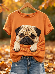 Women's Fall Cozy Pug Dog in Blanket Paw & Maple Leaf Print short-sleeved T-shirt