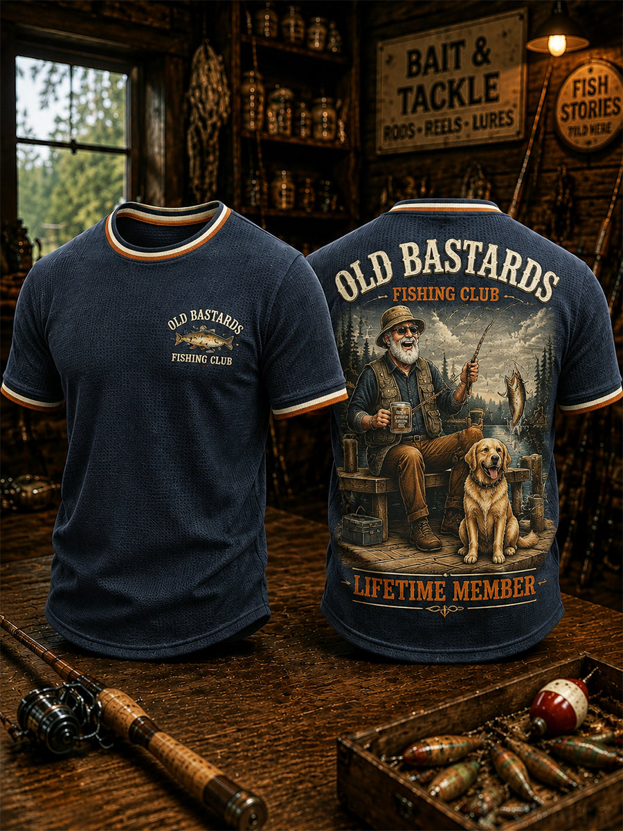 Men's Funny Old Bastards Fishing Club Lifetime Member Print Casual Waffle Tee
