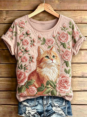 Women's Cute Animal Cat Printed Vintage Fashion Loose Short Sleeve T-Shirt