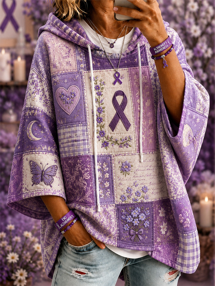Women's Patchwork Purple Floral & Butterfly Print Alzheimer's Awareness Support Casual Short-Sleeve Hoodie