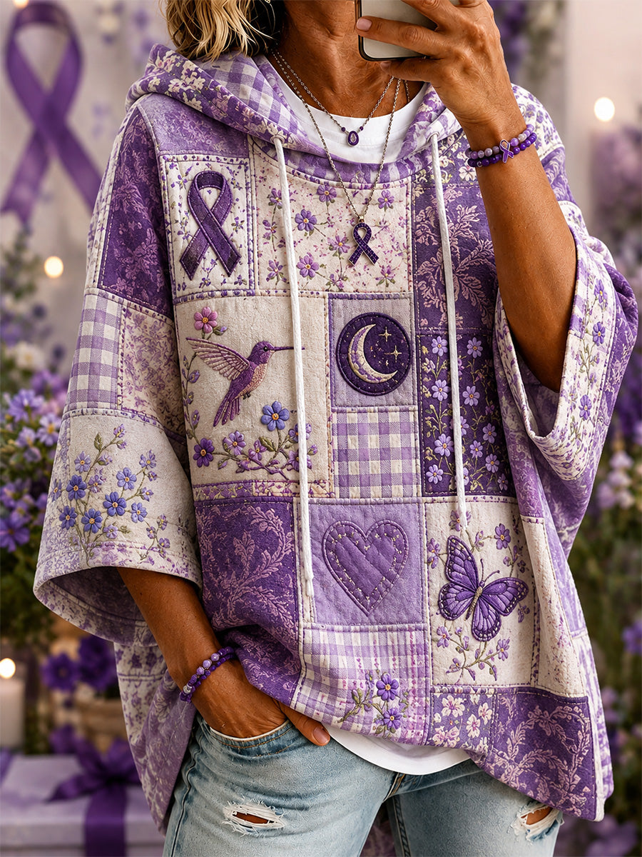 Women's Patchwork Purple Floral & Hummingbird & Butterfly Print Alzheimer's Awareness Support Casual Short-Sleeve Hoodie